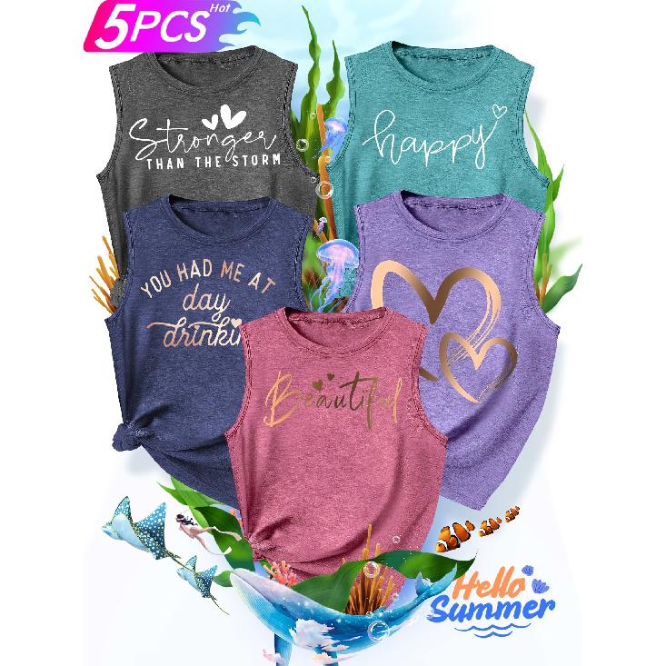 2026New Women's vest5Pieces Letter Heart Gold Foil Print Simple, Stylish, Casual, Versatile, Comfortable, Soft, Skin-friendly Spring/summer Top S-XXL