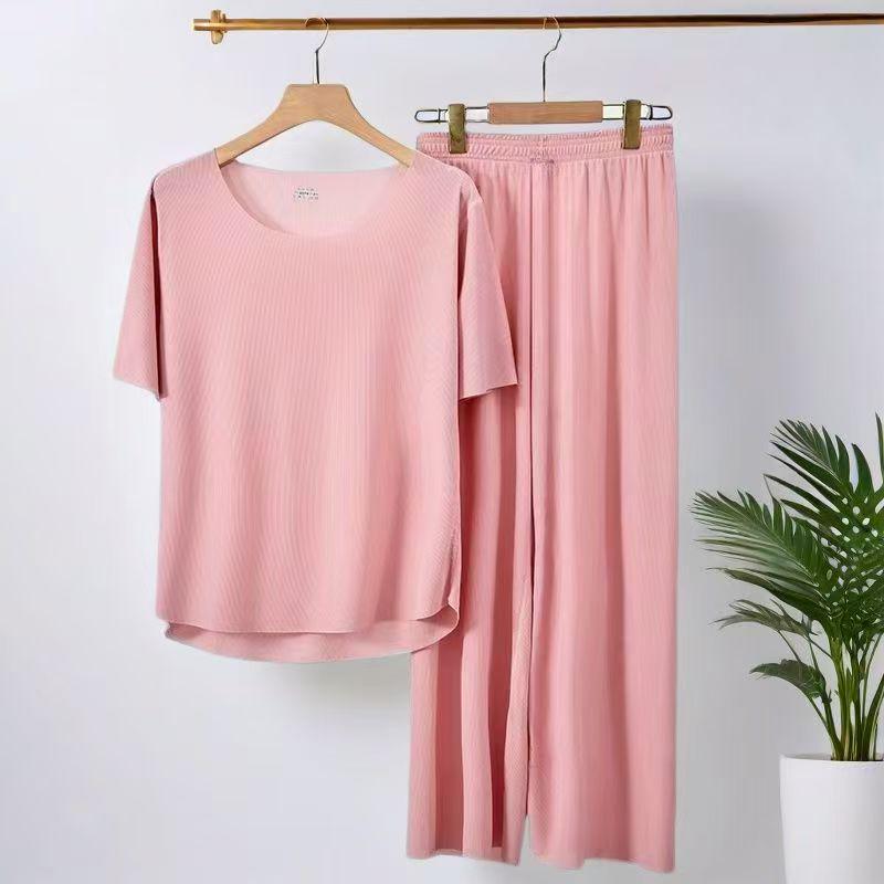 Summer Ice Silk Pajama Set: Men’s Shorts & Women’s Casual Round Neck
