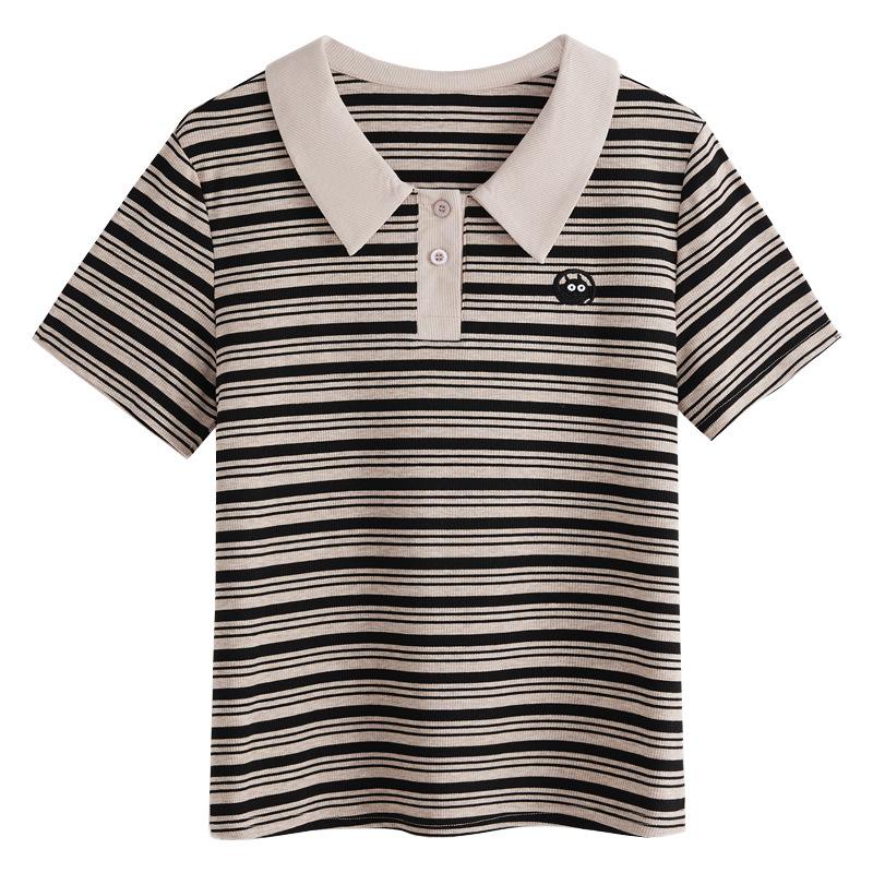 Summer Women's Embroidery Slim Slim Striped Lapel Short Sleeve T-shirt