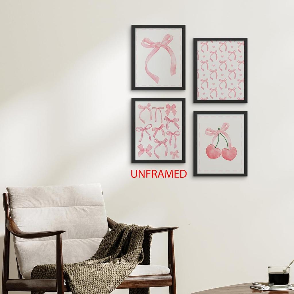 Hxlac Pink Bow Coquette Wall Art Prints Set of 4 Unframed - Pink Preppy Wall Decor, Coquette Preppy Aesthetic Bow Cherry Teen Girl Dorm Room Decor,