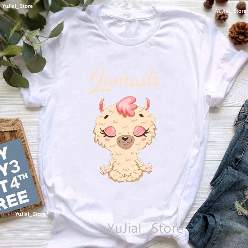 Kawaii Alpaca With Flowers And Coffee Print T Shirt Girls Summer Short Sleeve Tshirt Femme Fashion Tops Tee Shirt Female