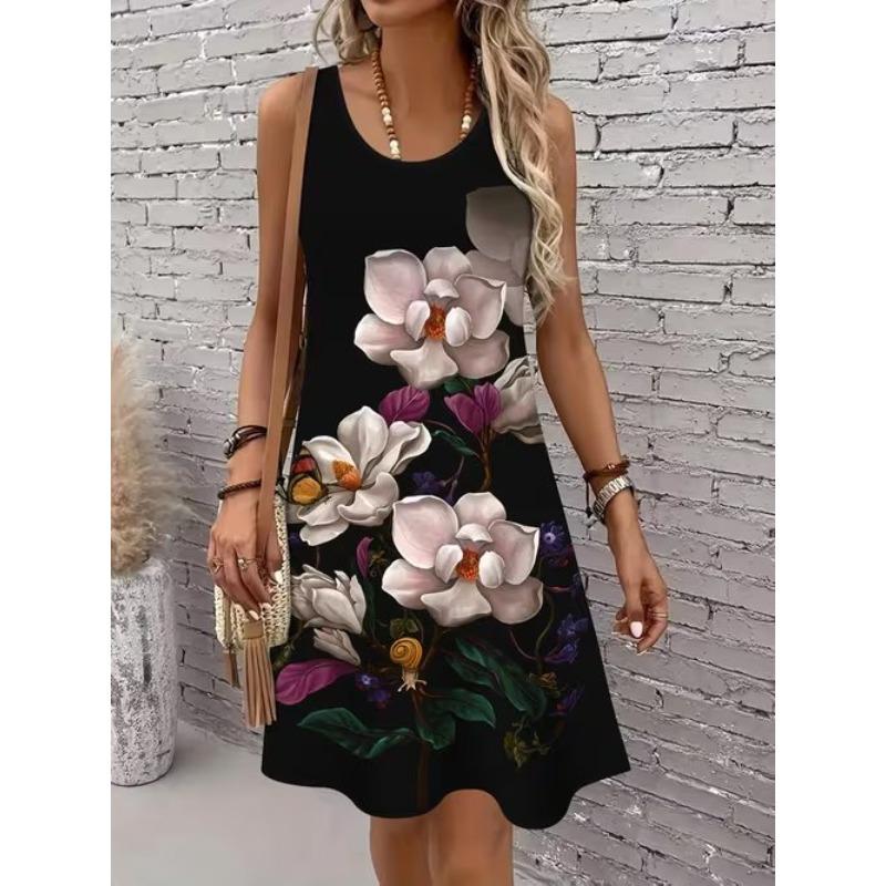 

Women s Floral Pattern Printed Sleeveless Round Neck Dress Loose Soft and Comfortable Plus Size Dress XS чёрный