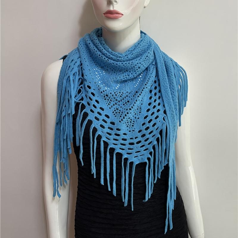 Women's Hollowed Knitted Triangular Scarf Imitation Cashmeres Soft Winter Shawl Wrap Neckerchief Blanket with Fringes