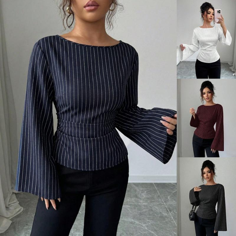 Women S Autumn Striped Flared Sleeve Round Neck Casual Shirt