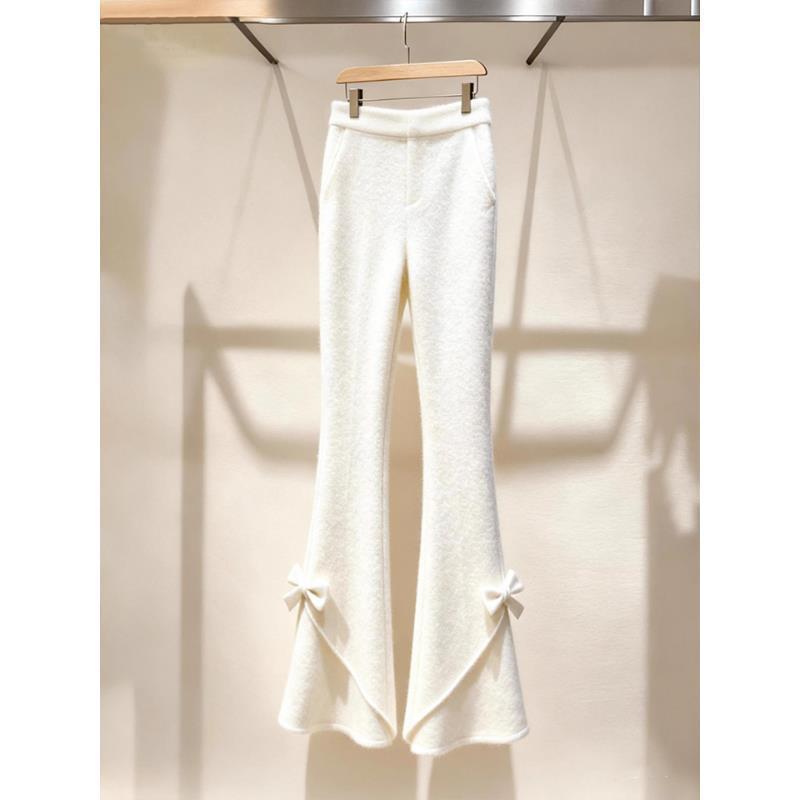 

White Micro-Flare Pants with Bowknot - Elegant and Fashionable for Autumn/Winter 2025 L (Recommended for 52.5-57.5 kg)