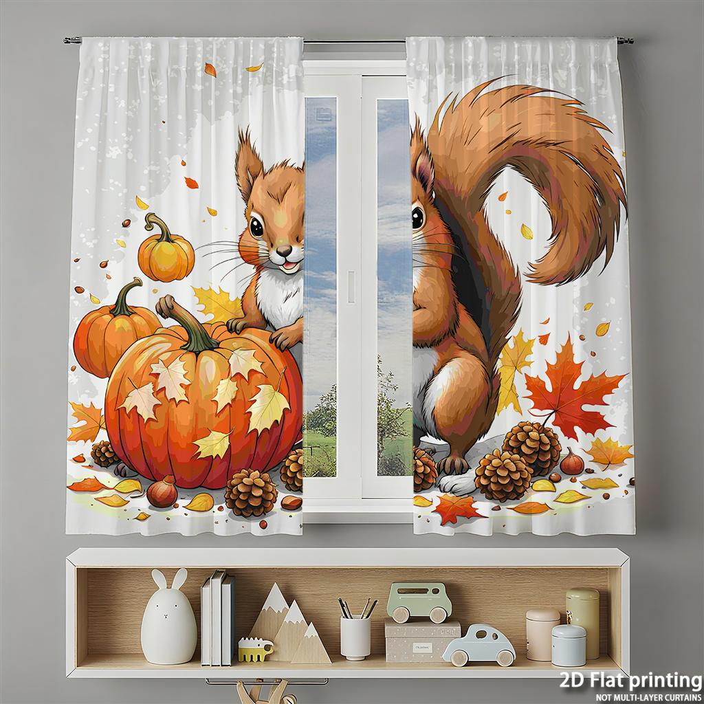 Piece Set High Definition Digital Printed Curtainsautumnsquirrelpumpkinleafcolorfulstylehome Decoration Style Curtain Made Of Polyester
