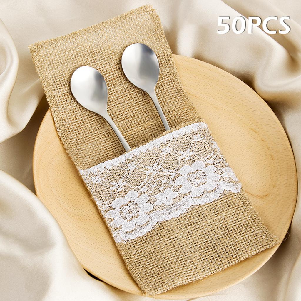 Natural Burlap Tableware Utensil Holders Lace Silverware Holder Bag Linen Knife Forks Cutlery Pouch Bag for Wedding Decor