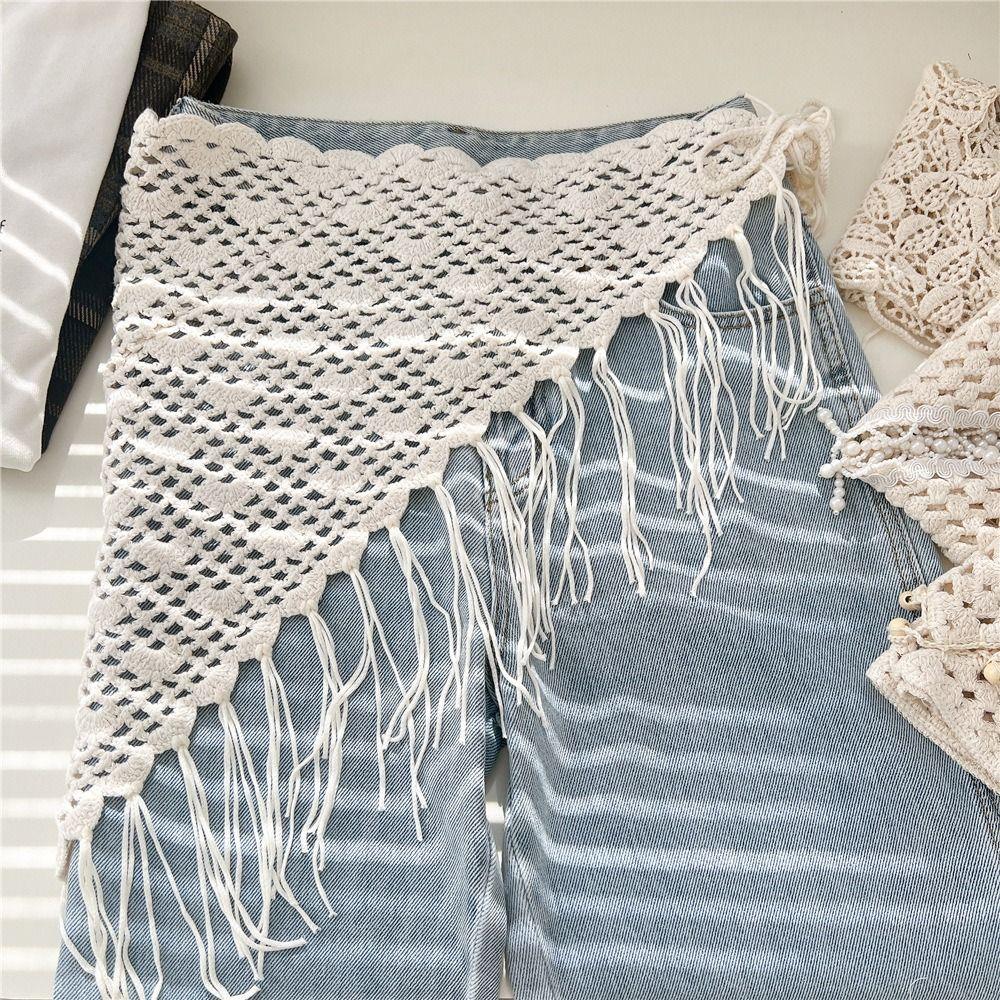 Countryside Style Tassel Knitted Triangle Scarf Bohemian Crochet Flower Scarves Women