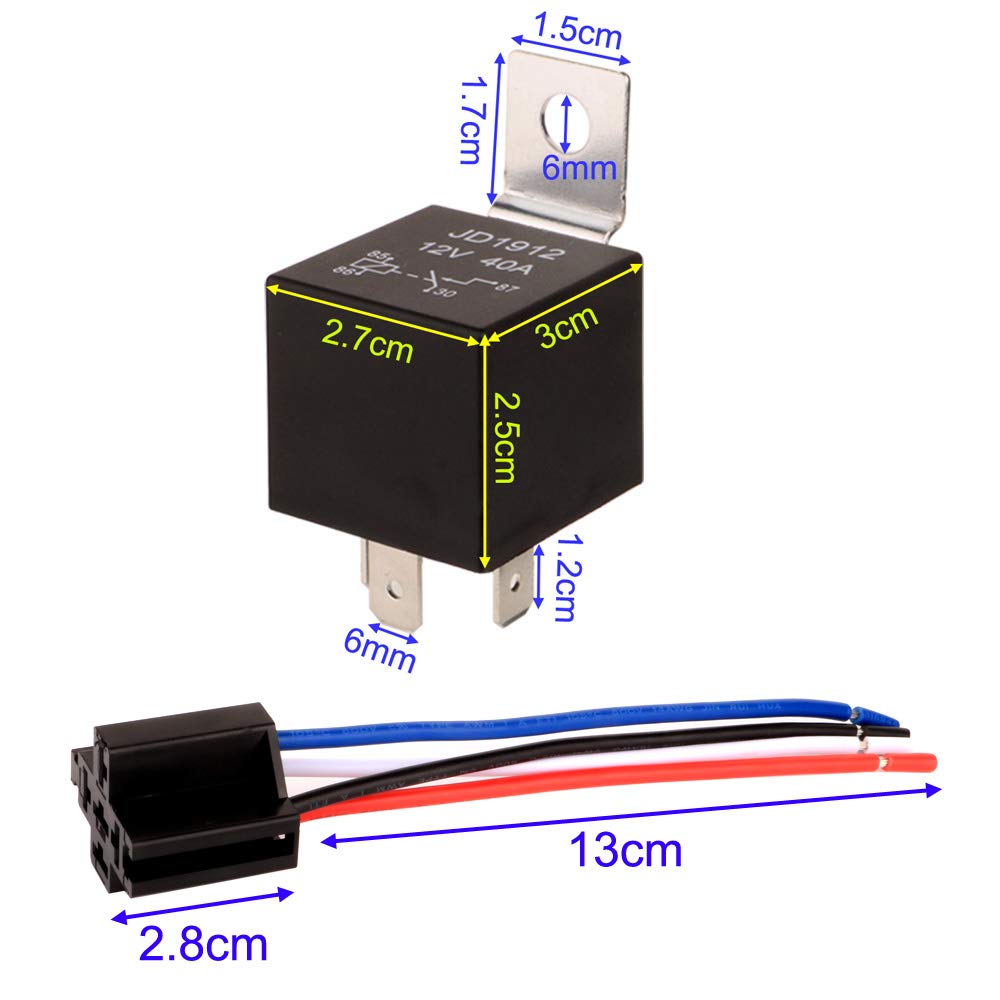 Kiligen 5pcs JD1912 4 Pole Relay Car DC12V 40A 12AWG with Harness Car Relay