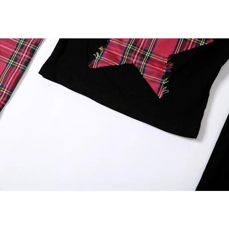 Summer Star Patchwork Crop Tops Plaid T Shirt Women Fashion Off Single Shoulder Y2k Tee OverSleeve Fairy Grunge Shirts