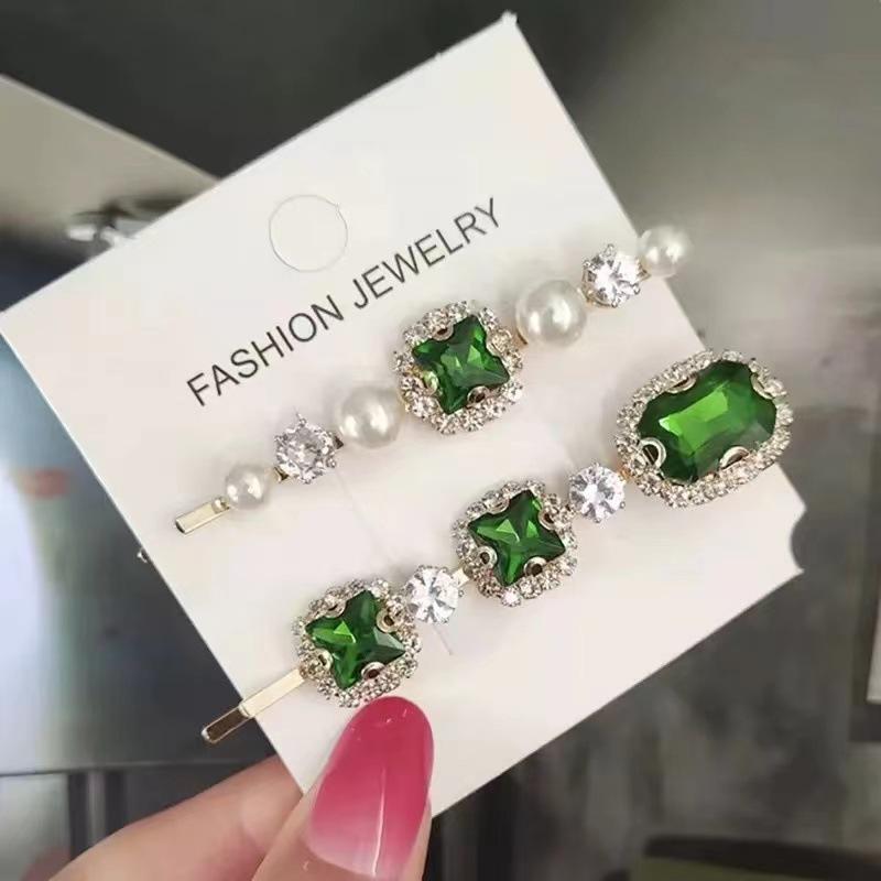 

Retro Sparkly Emerald Rhinestone Hair Clip - Fairy Style Bangs Duckbill and Side Hairpin