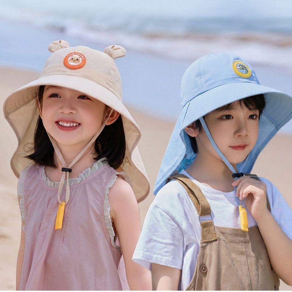 Fischio~ Cappello da Sole a Tesa Larga per Bambini Protezione Solare Pieghevole Bambini Fischietto Cappello Parasole Cappellino Copricollo Cappello da Pescatore Cartone Animato