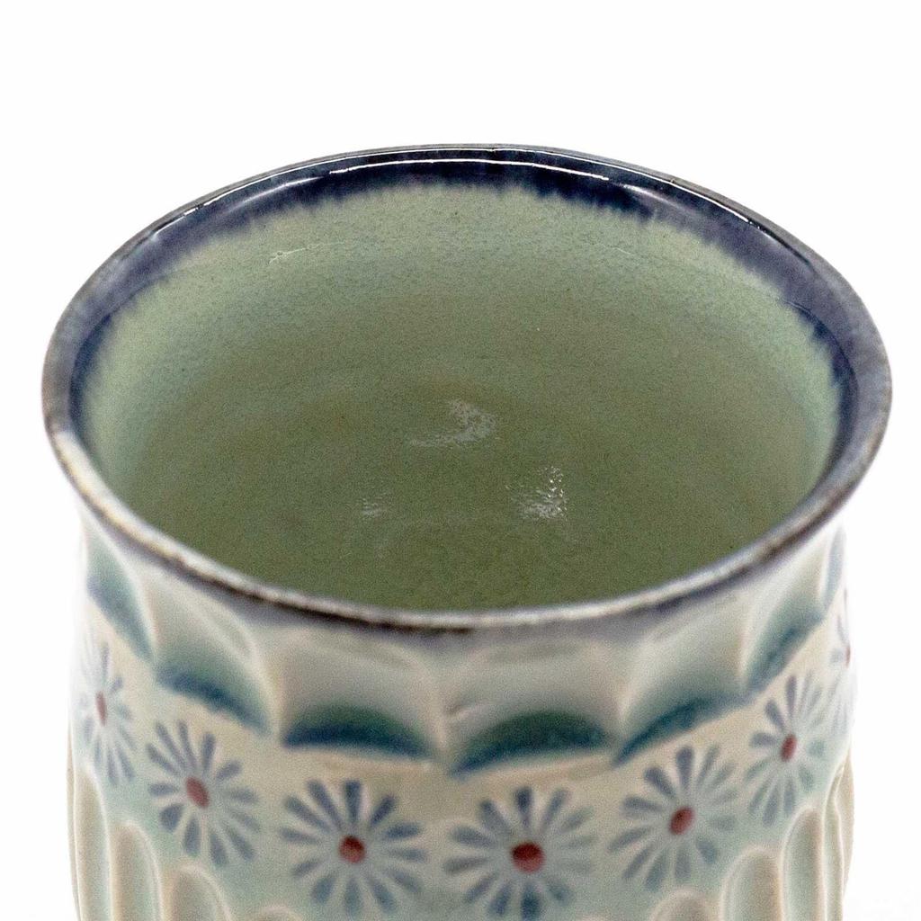 Minoru Small Green Mishima Made In Japan Maeken, Kyo-yaki, Kiyomizu-yaki, Ando, Teacup, Glaze, Carving,