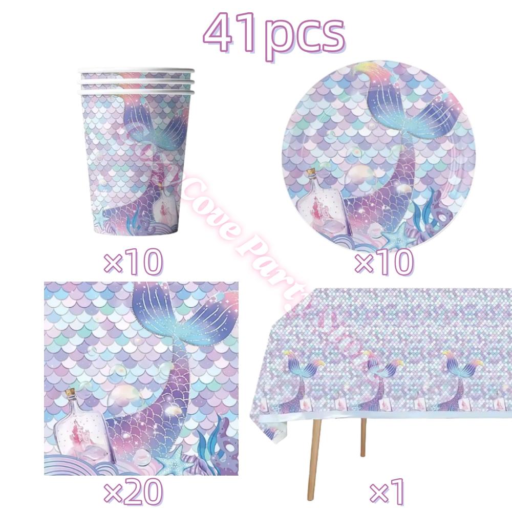 Mermaid Birthday Party Decoration Tableware Set Gradient Mermaid Plates Cups Napkins Balloons For Kids Girls Party Favors Gifts