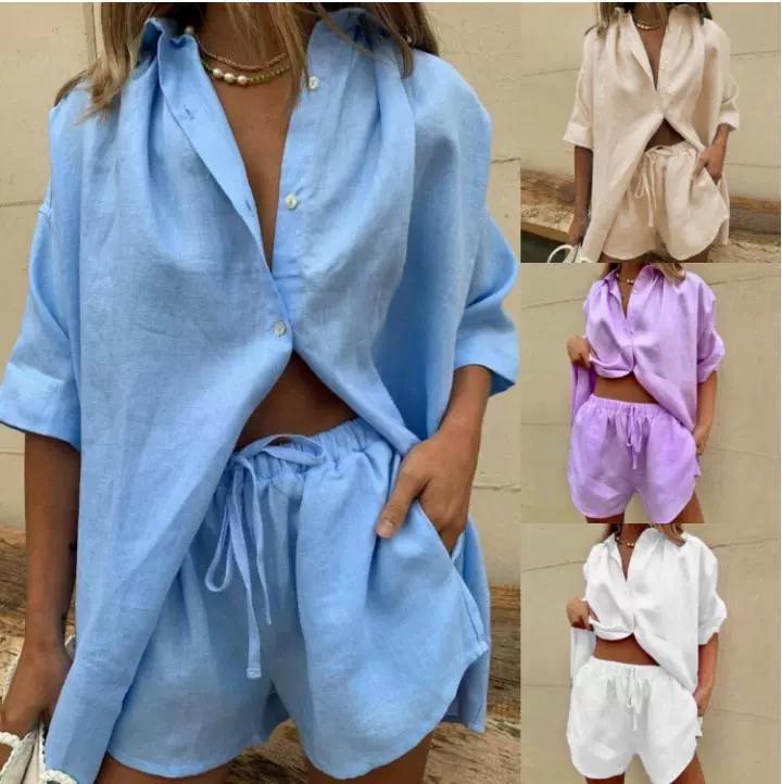 Cotton Casual Suits Women Long Sleeve Sets Home Wear Solid Tops Female Shorts Two Piece Sets Spring Summer