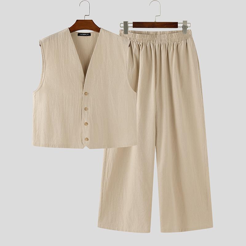 INCERUN Two Pieces Vintage Men Sleeveless Tops Long Pants Sets Outfits