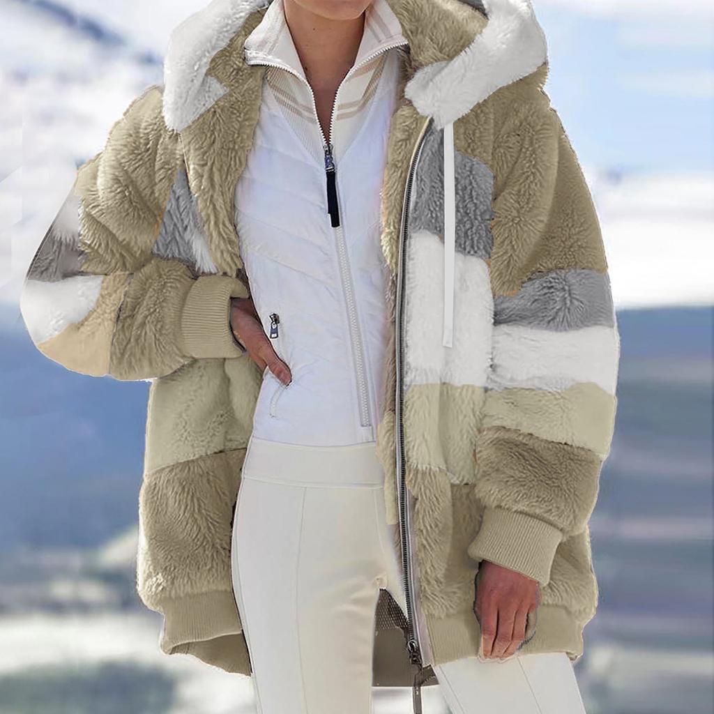 Womens Fashion Splicing Winter Loose Plush Long Sleeve Zipper Pocket Hooded Coat