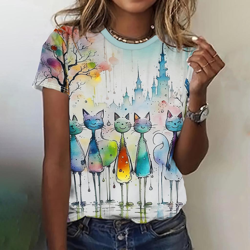 XXS-6XL Plus Size Summer Women T-Shirt Cartoon Animal Pattern Print Casual Short Sleeves Short Sleeve Tops Tees Women Clothes