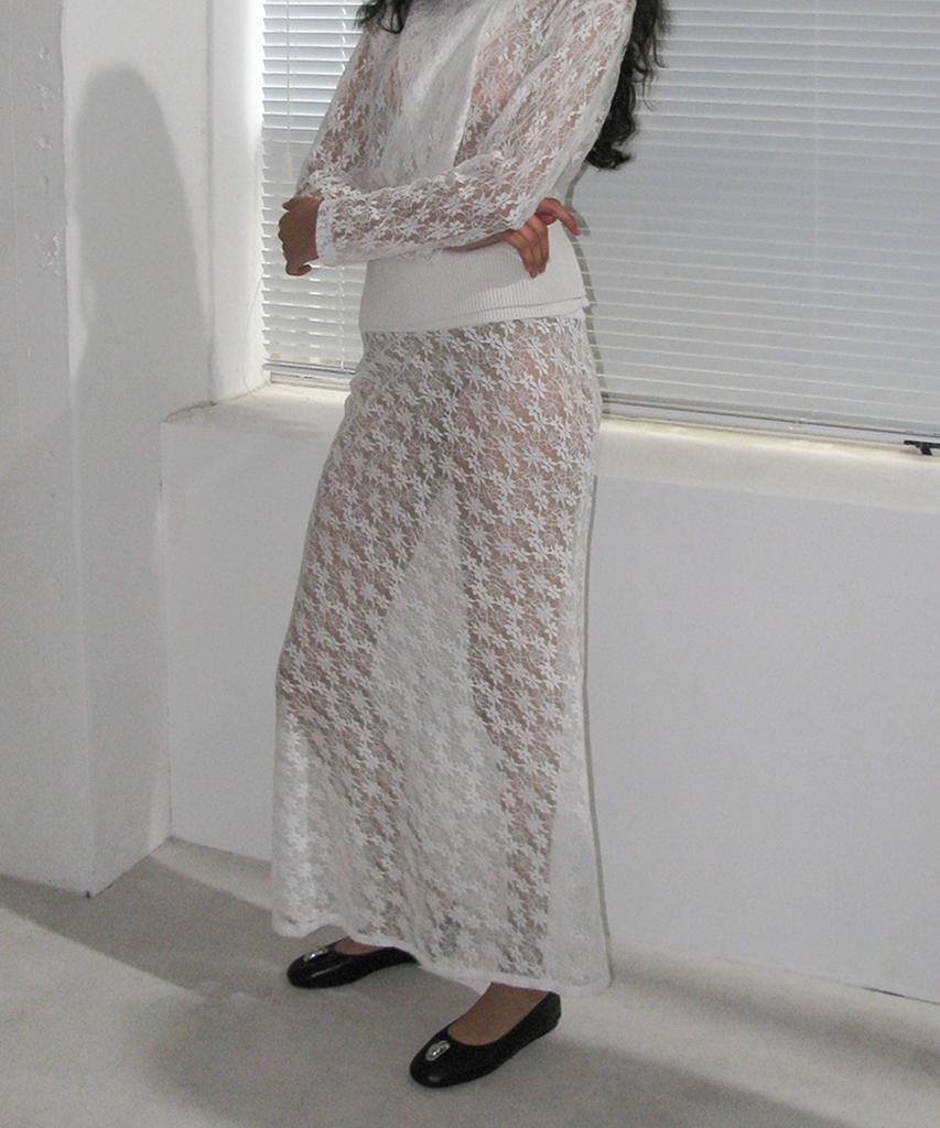 Partimento Woman Lace Flare Maxi Skirt_White