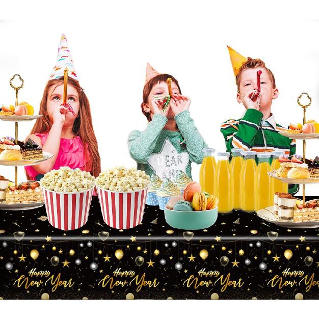 2PCS Happy New Year Tablecloth, Disposable Black Gold NYE Party Tablecloth Decorations, Rectangular Plastic New Year Table Cover NYE Theme Party