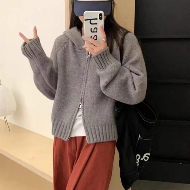 Double Zipper Hooded Knitted Cardigan Women's Autumn Lazy Style Niche Design Sense Stacked Wearing Short Chic Coat