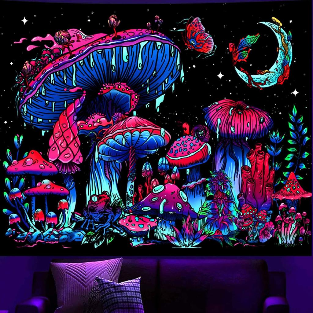 TUGCAY Blacklight Mushroom Tapestry, Glow In The Dark Tapestry Black Light Plant Fantasy UV Reactive Mushroom Butterfly Moon Tapestries Posters Wall