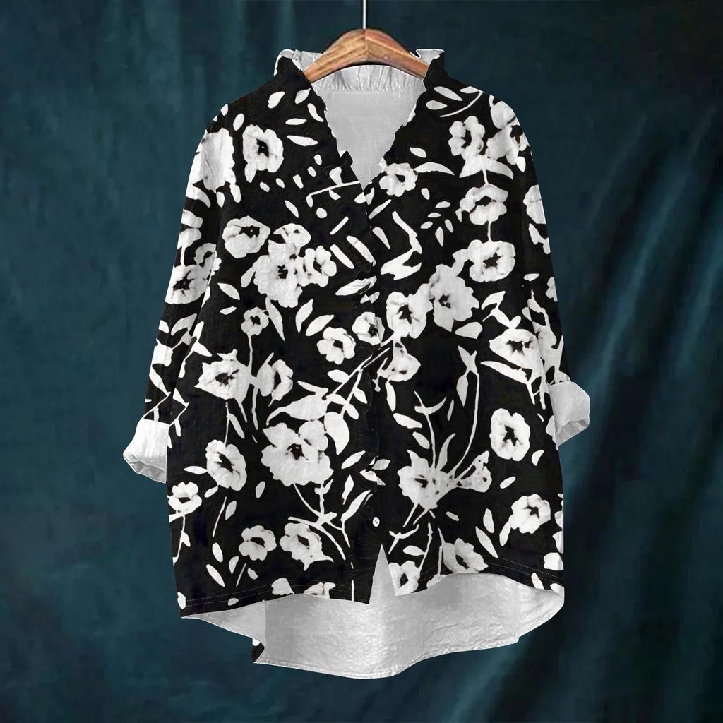 Women's Loose Ruffled Retro Floral Print Stand Collar Long Sleeve Cotton And Linen Top