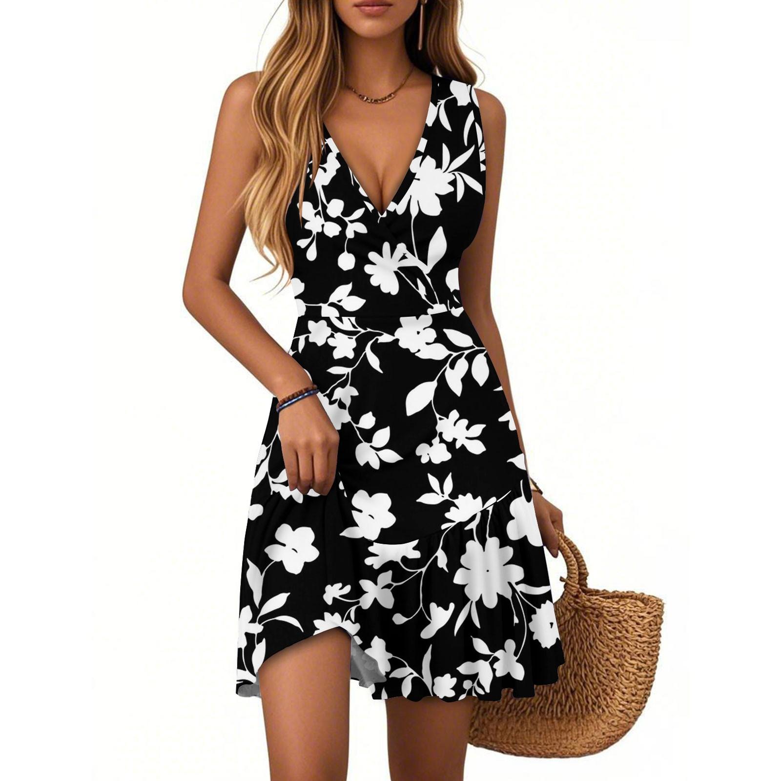 

Женское платье с V-образным вырезом, без рукавов, повседневное, с цветочным принтом, плиссированное платье L чёрный