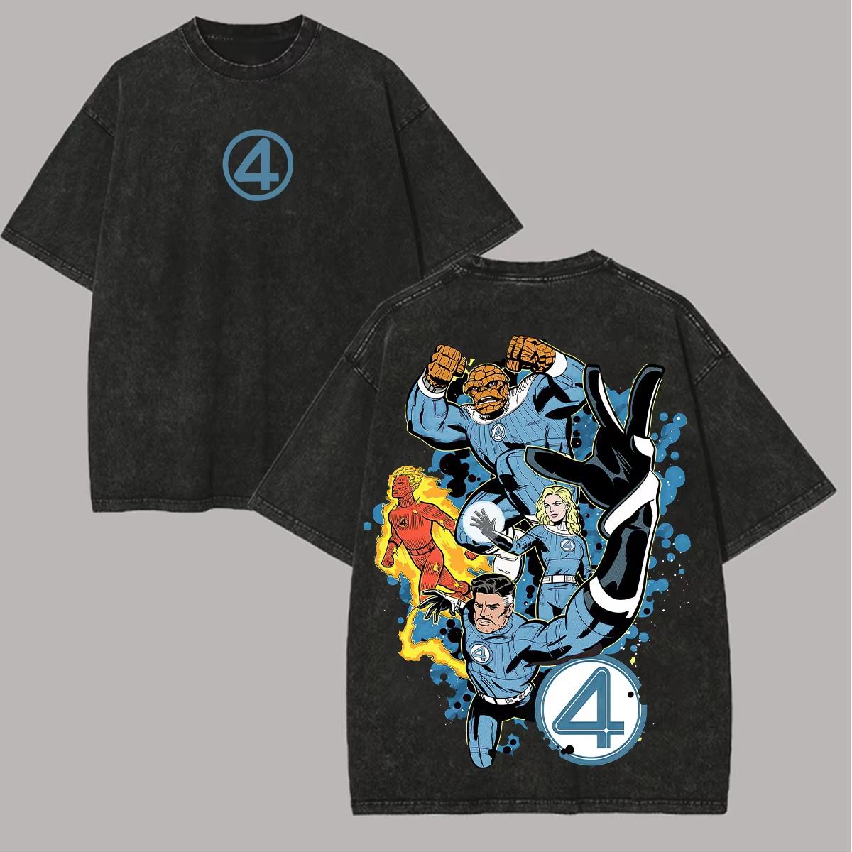 

Vintage Fantastic Four Graphic TShirt Men Retro Marvel Superhero Comics Print Tee Washed Black Oversized Streetwear Cotton Tops XL