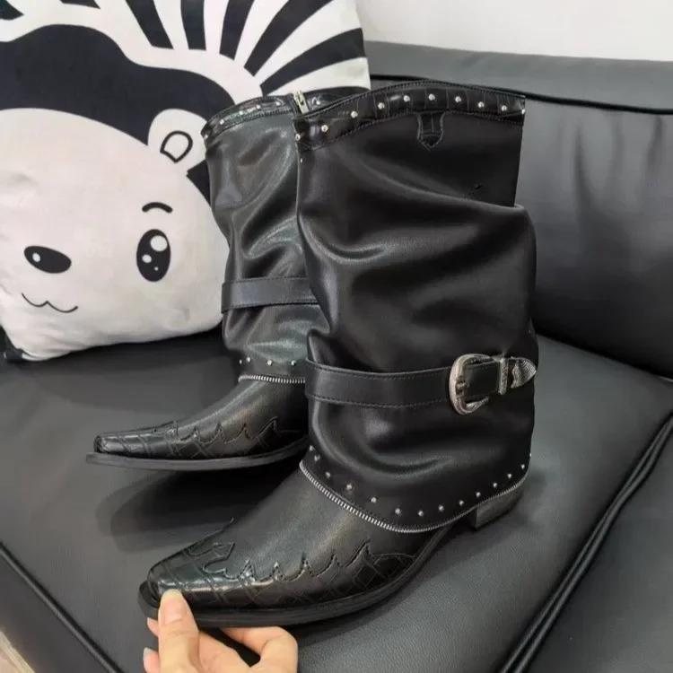 2025 New Gothic Cowgirls Western Boots For Women Pointed Toe Rivet Buckles Chunky Heels Vintage Women Mid-Calf Boots