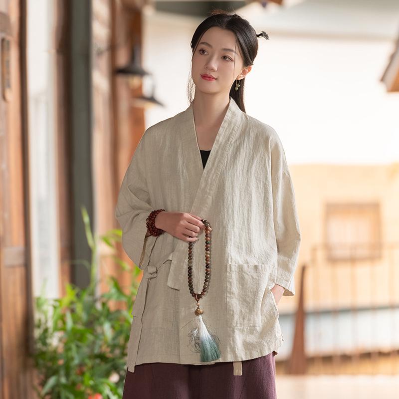 Women s 2026 Retro Cotton Linen Cross-Collar Cardigan for Zen Meditation One size