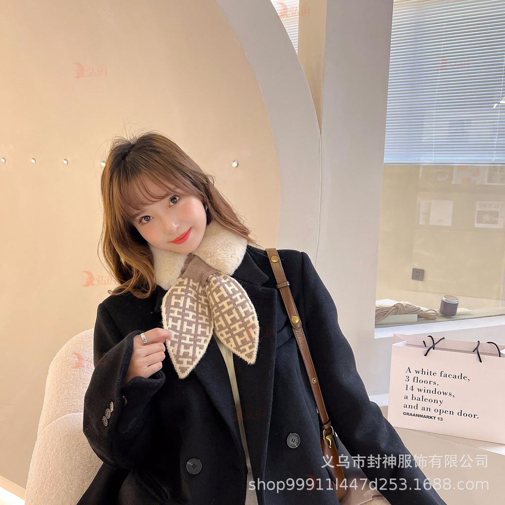 Women Plush Scarf Winter Windproof Warm Simple Plaid Cross Neckerchief For Winter Coat Dress
