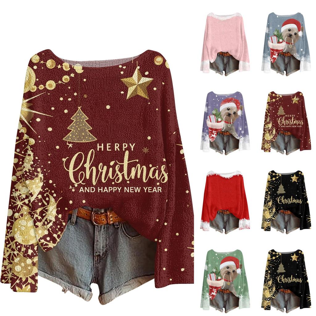 Women's Christmas Print Lightweight Sweater Casual Long Sleeve Knit Pullover for Holiday Wear