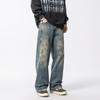New American retro ink splashing old washed jeans men's high street trendy brand loose straight trousers cotton