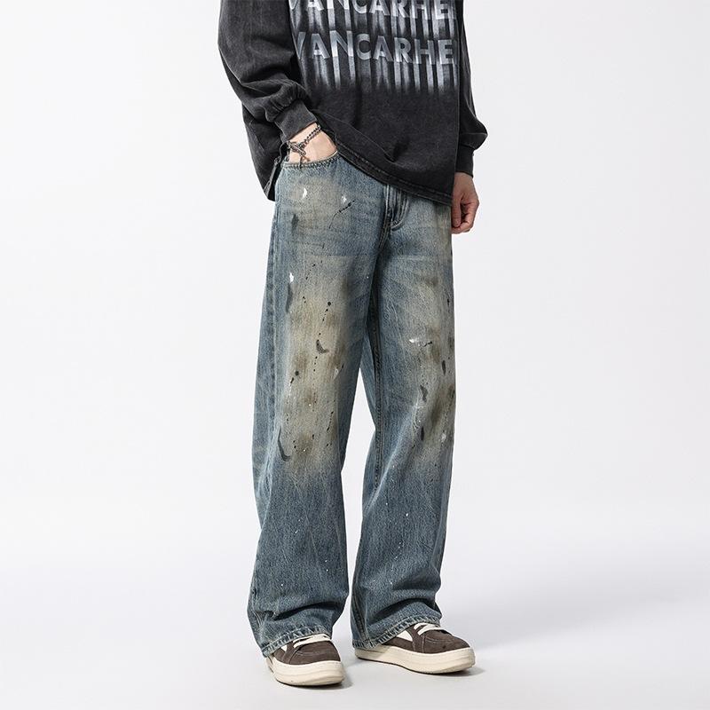 New American retro ink splashing old washed jeans men's high street trendy brand loose straight trousers cotton