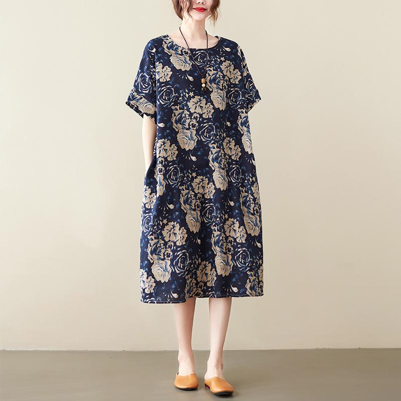 Large Size Loose Slimming Cotton Linen Chubby Girl Artistic Retro Short Sleeved Medium Long Dress Casual Dresses