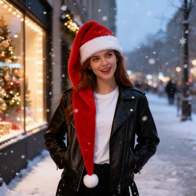 Long Christmas Santa Hat for Adults Plush Xmas Claus Hats with Fluffy Pompon Reusable Holiday Themed Hat for Parties