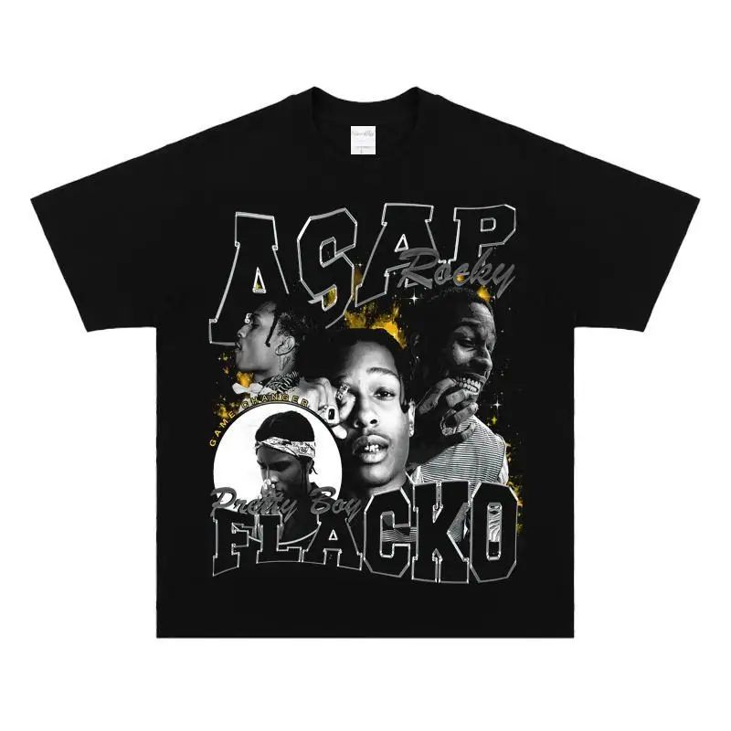 

ASAP Rocky HIPHOP Hip Hop Short Sleeve Rap Loose T-Shirt American Rap Print Crew Neck T Shirts Casual Loose Tops Unisex 4XL