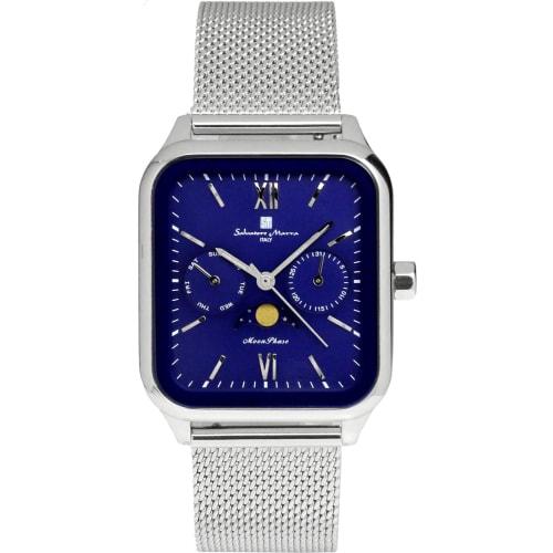 

Salvatore Marra Men s Square Moon Phase Watch with Multi-Calendar, Stainless Steel Mesh Strap, Limited Edition Silver and Blue, SM24112-SSBLM