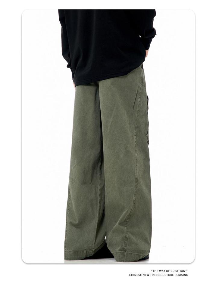 11KN Unisex Retro Wide Leg Work Pants with 3D Pockets - Pleated, Loose, Slimming, Casual, Long Fit