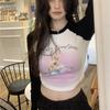 Kawaii Pink Rabbit Print Crop T Shirts Women Harajuku Sweet Cute Graphic Tops Streetwear Vintage Sexy Long Sleeve Tees