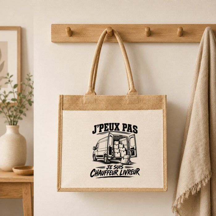 Sac Cabas Jute avec Poche J’peux pas je suis Chauffeur livreur J'peux pas minimaliste | Toile de Jute et Coton 21 L Fond Plat Anses