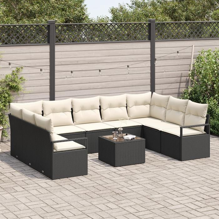 Set de Canapé de Jardin 9 Pièces avec Coussins en Rotin Synthétique Brun, Canapé de Jardin 2 Places avec Rangement et 3355216