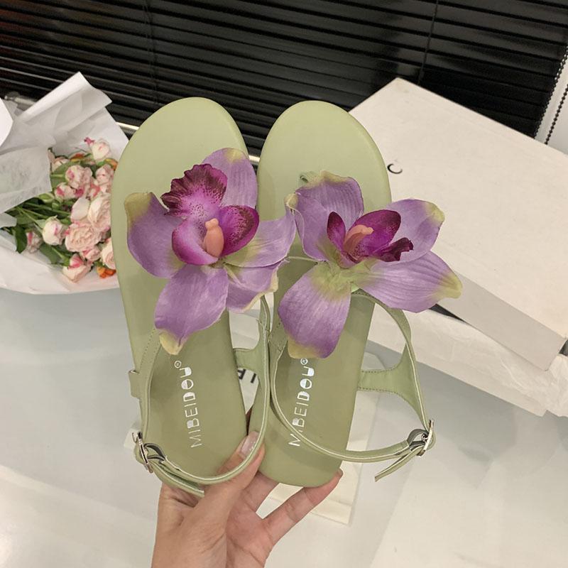 Fashion New Female Flats Sandals Shoes For Women Flip Flops Round Toe Fashion Flower Footwear Ankle Buckle Ladies Flats Sandals Shoes