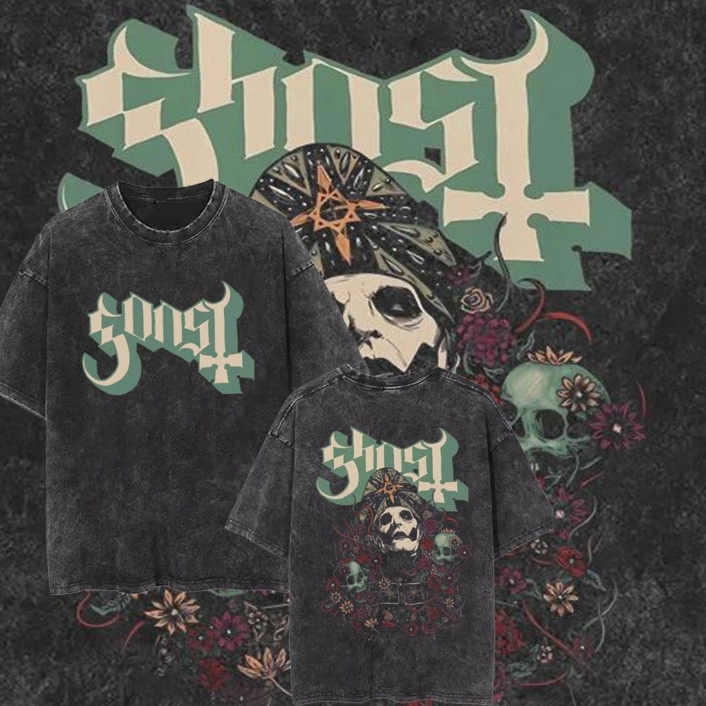 Washed Vintage Ghost Band T-shirt Men's Women's Summer Oversized Tshirt Male 90s Gothic Streetwear Men Women Rock Metal Music T Shirts