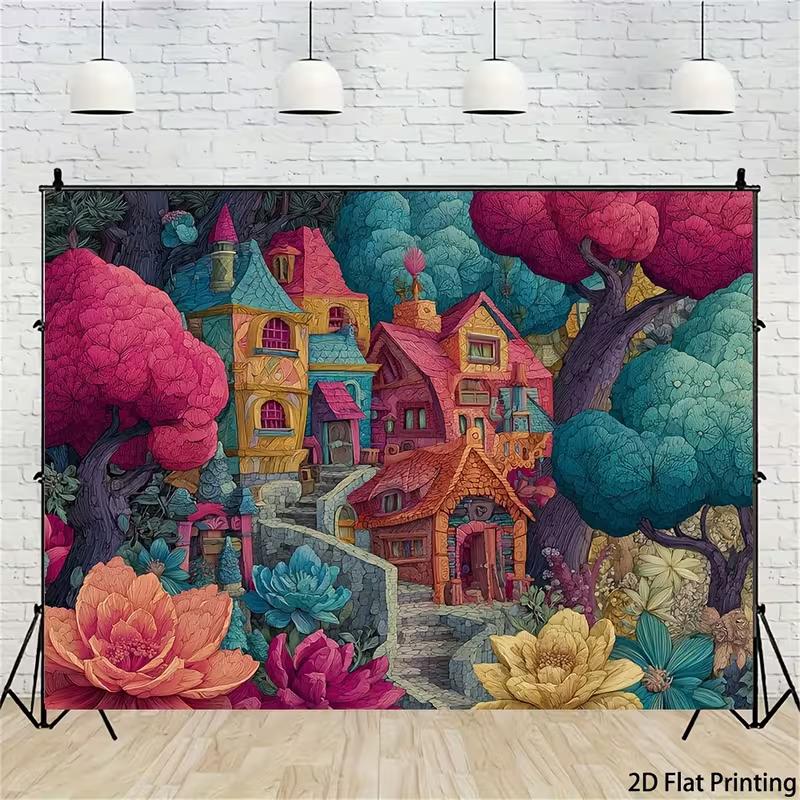 2D Backdrop with Whimsical Fairy Tale Houses, Oversized Flowers, and Colorful Trees 47.2x31.5inch/120*80cm