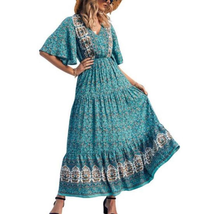 Summer Vacation Bohemian Dress Ethnic Style Patchwork A Line Maxi Dress Elastic Waist V Neck Short Sleeves Women Beach Dress Printing