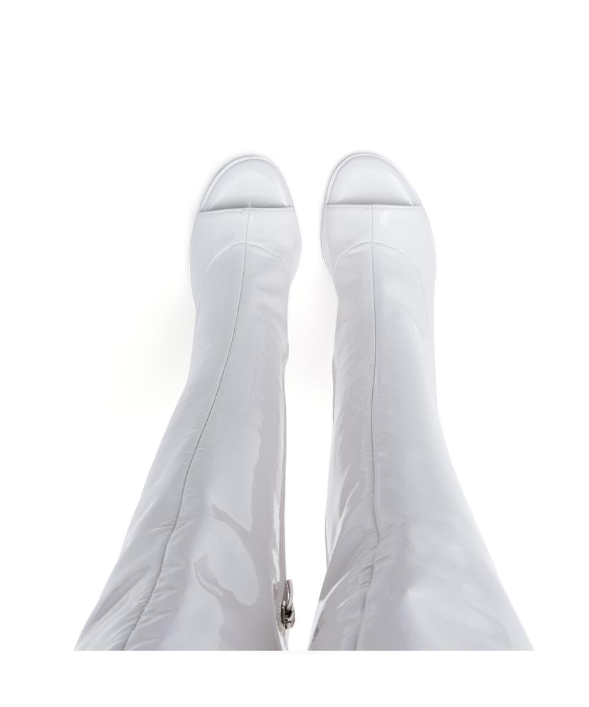 Ssimeez Thigh-High Open-Toe Heeled Boots (White Patent)