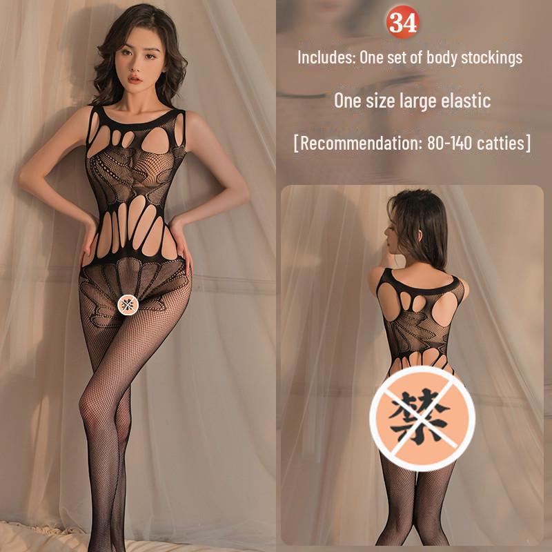 Erotic Black Mesh One-Piece Lingerie Set with Open Stockings - Tempting and Sexy