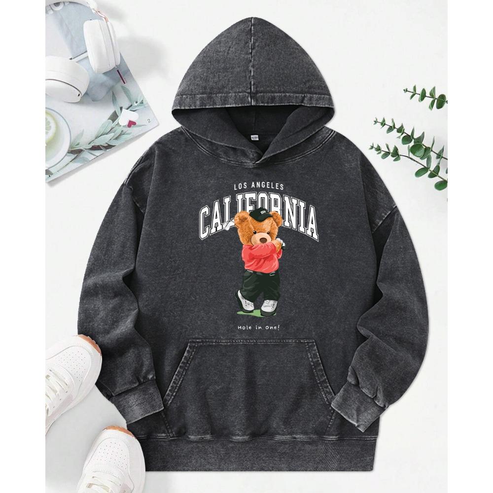 Bear Playing Golf Cute Cartoons Print Washed Hoody Women Cotton Pocket Hoodie Autumn O-Neck Streetwear Clothes